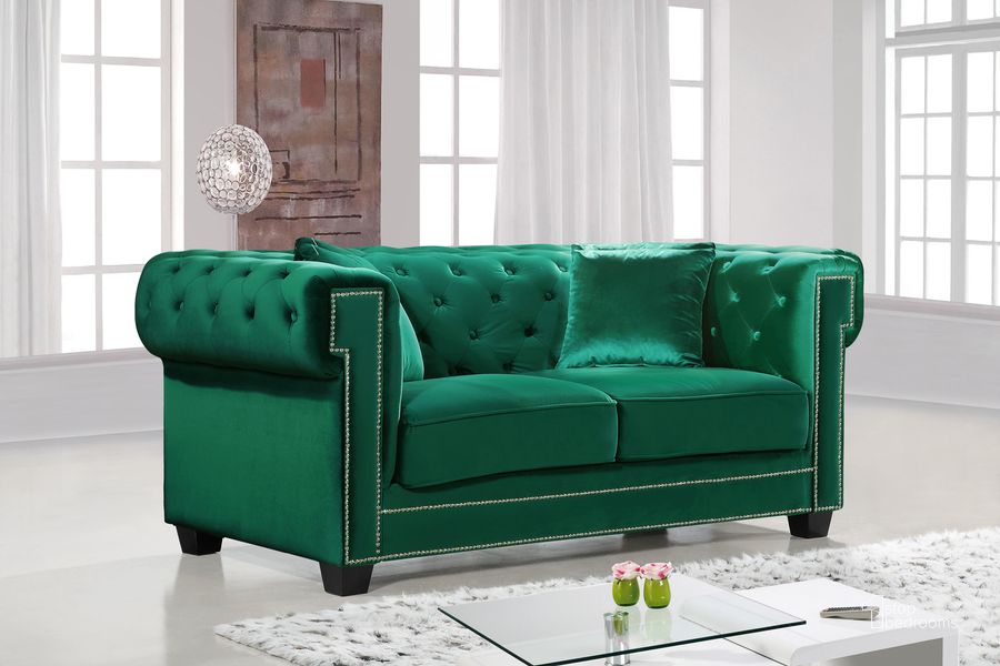 The appearance of Meridian Bowery Velvet Loveseat in Green designed by Meridian in the modern / contemporary interior design. This green velvet piece of furniture  was selected by 1StopBedrooms from Bowery Collection to add a touch of cosiness and style into your home. Sku: 614Green-L. Material: Fabric. Product Type: Loveseat. Image1