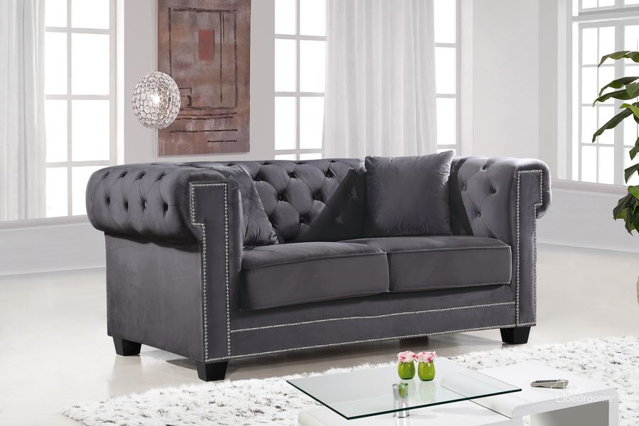 The appearance of Meridian Bowery Velvet Loveseat in Grey designed by Meridian in the modern / contemporary interior design. This grey velvet piece of furniture  was selected by 1StopBedrooms from Bowery Collection to add a touch of cosiness and style into your home. Sku: 614Grey-L. Material: Fabric. Product Type: Loveseat. Image1