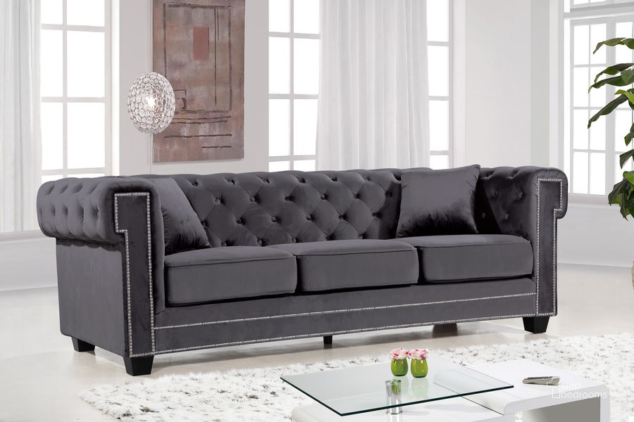 The appearance of Meridian Bowery Velvet Sofa in Grey 614Grey-S designed by Meridian in the modern / contemporary interior design. This grey velvet piece of furniture  was selected by 1StopBedrooms from Bowery Collection to add a touch of cosiness and style into your home. Sku: 614Grey-S. Material: Fabric. Product Type: Sofa. Image1