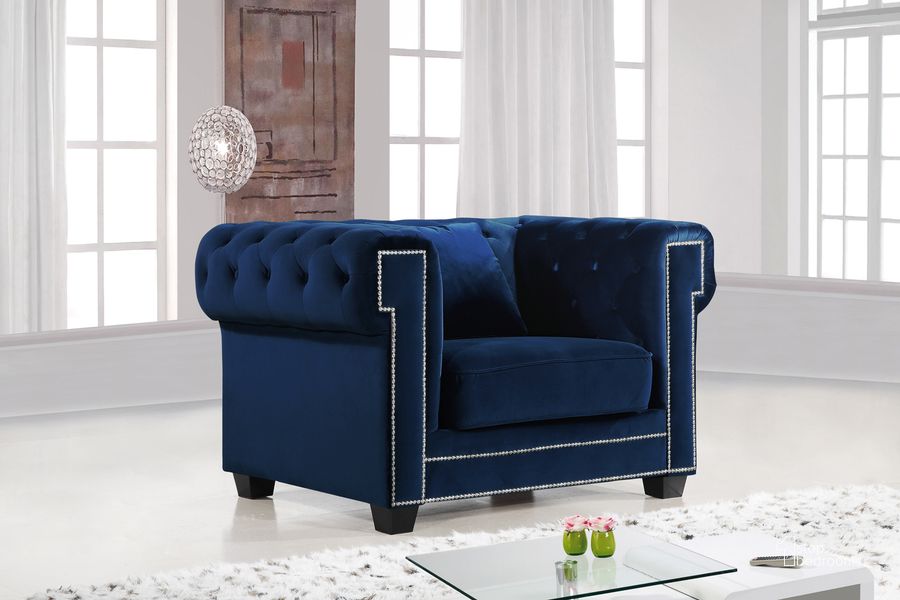 The appearance of Meridian Bowery Velvet Chair in Navy designed by Meridian in the modern / contemporary interior design. This navy velvet piece of furniture  was selected by 1StopBedrooms from Bowery Collection to add a touch of cosiness and style into your home. Sku: 614Navy-C. Material: Fabric. Product Type: Living Room Chair. Image1
