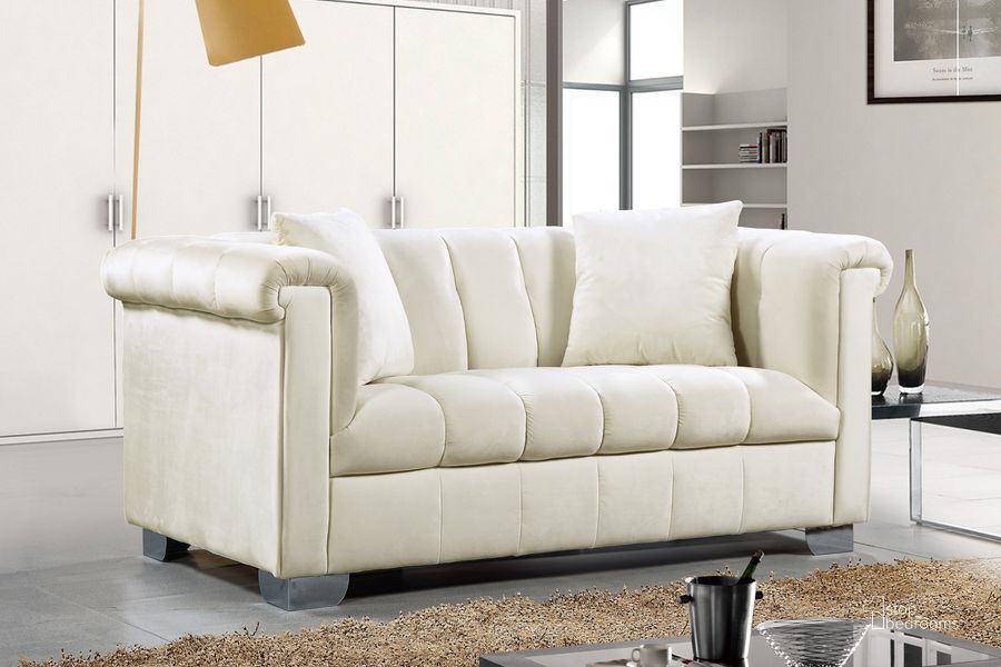 The appearance of Meridian Kayla Velvet Loveseat in Cream designed by Meridian in the modern / contemporary interior design. This cream velvet piece of furniture  was selected by 1StopBedrooms from Kayla Collection to add a touch of cosiness and style into your home. Sku: 615Cream-L. Material: Fabric. Product Type: Loveseat. Image1