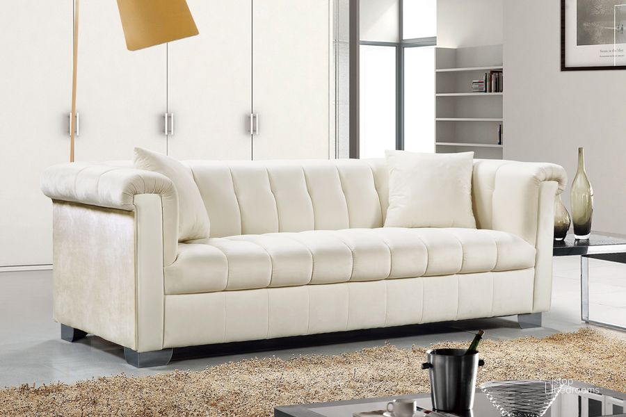 The appearance of Meridian Kayla Velvet Sofa in Cream designed by Meridian in the modern / contemporary interior design. This cream velvet piece of furniture  was selected by 1StopBedrooms from Kayla Collection to add a touch of cosiness and style into your home. Sku: 615Cream-S. Material: Fabric. Product Type: Sofa. Image1