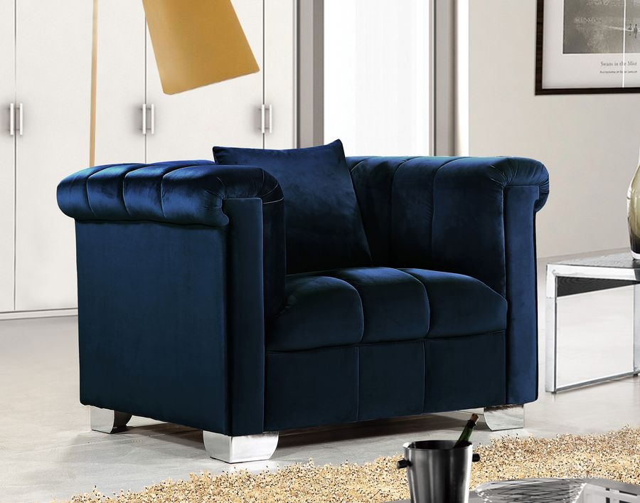 The appearance of Meridian Kayla Velvet Chair in Navy designed by Meridian in the modern / contemporary interior design. This navy velvet piece of furniture  was selected by 1StopBedrooms from Kayla Collection to add a touch of cosiness and style into your home. Sku: 615Navy-C. Material: Fabric. Product Type: Living Room Chair. Image1