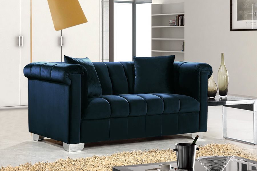 The appearance of Meridian Kayla Velvet Loveseat in Navy 615Navy-L designed by Meridian in the modern / contemporary interior design. This navy velvet piece of furniture  was selected by 1StopBedrooms from Kayla Collection to add a touch of cosiness and style into your home. Sku: 615Navy-L. Material: Fabric. Product Type: Loveseat. Image1