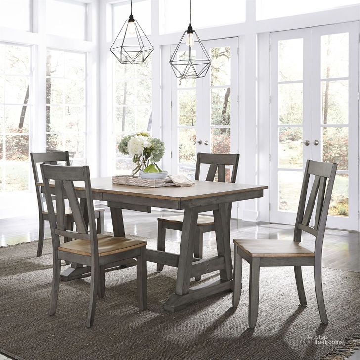 The appearance of Lindsey Farm Gray and Sandstone Extendable Dining Room Set designed by Liberty in the transitional interior design. This gray piece of furniture  was selected by 1StopBedrooms from Lindsey Farm Collection to add a touch of cosiness and style into your home. Sku: 62-T3878;62-P3878;62-C2500S. Table Base Style: Trestle. Material: Wood. Product Type: Dining Room Set. Table Top Shape: Rectangular. Image1