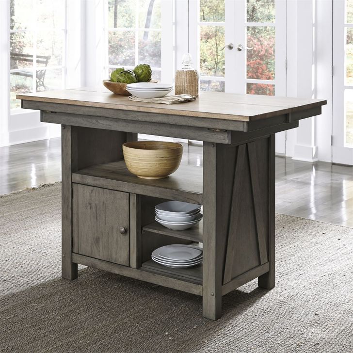 The appearance of Lindsey Farm Gray and Sandstone Kitchen Island designed by Liberty in the transitional interior design. This gray piece of furniture  was selected by 1StopBedrooms from Lindsey Farm Collection to add a touch of cosiness and style into your home. Sku: 62-IT5446;62-IT5446B. Material: Wood. Product Type: Kitchen Island. Image1