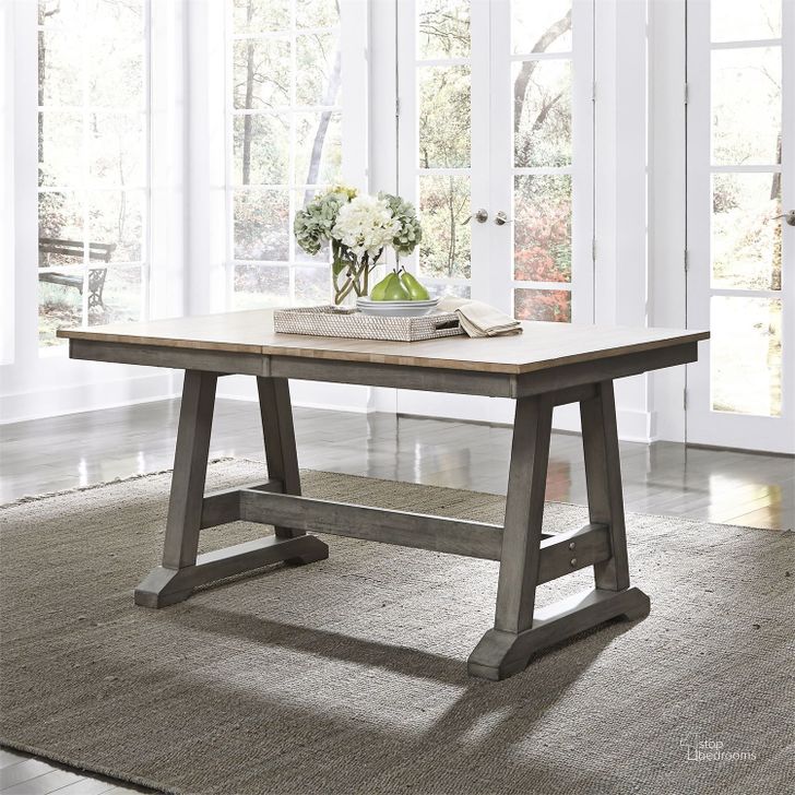 The appearance of Lindsey Farm Gray and Sandstone Extendable Dining Table designed by Liberty in the transitional interior design. This gray piece of furniture  was selected by 1StopBedrooms from Lindsey Farm Collection to add a touch of cosiness and style into your home. Sku: 62-T3878;62-P3878. Table Base Style: Trestle. Material: Wood. Product Type: Dining Table. Table Top Shape: Rectangular. Image1