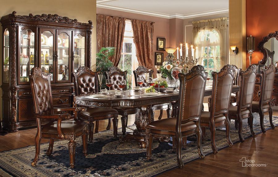 The appearance of Vendome Rectangular Dining Room Set (Cherry) designed by ACME in the rustic / southwestern interior design. This cherry piece of furniture  was selected by 1StopBedrooms from Vendome Collection to add a touch of cosiness and style into your home. Sku: 62000T;62001ST;62002PED;60003. Table Base Style: Double Pedestal. Material: Wood. Product Type: Formal Dining Set. Table Top Shape: Rectangular. Table Top Style: Double Pedestal. Image1