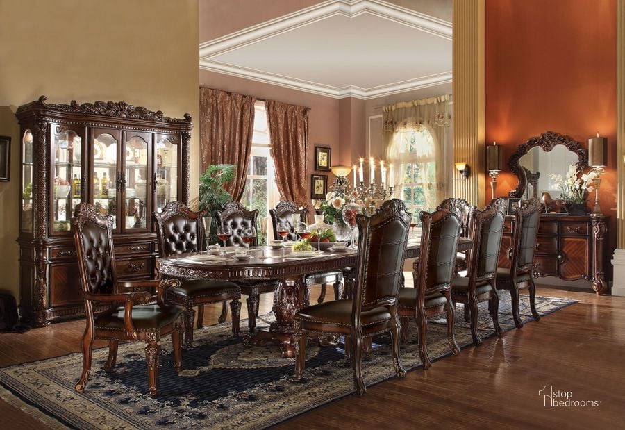 The appearance of Vendome Cherry Double Pedestal Dining Room Set designed by ACME in the rustic / southwestern interior design. This cherry piece of furniture  was selected by 1StopBedrooms from Vendome Collection to add a touch of cosiness and style into your home. Sku: 62000T;62001ST;62002PED;62004. Table Base Style: Double Pedestal. Material: Wood. Product Type: Dining Room Set. Table Top Shape: Rectangular. Image1