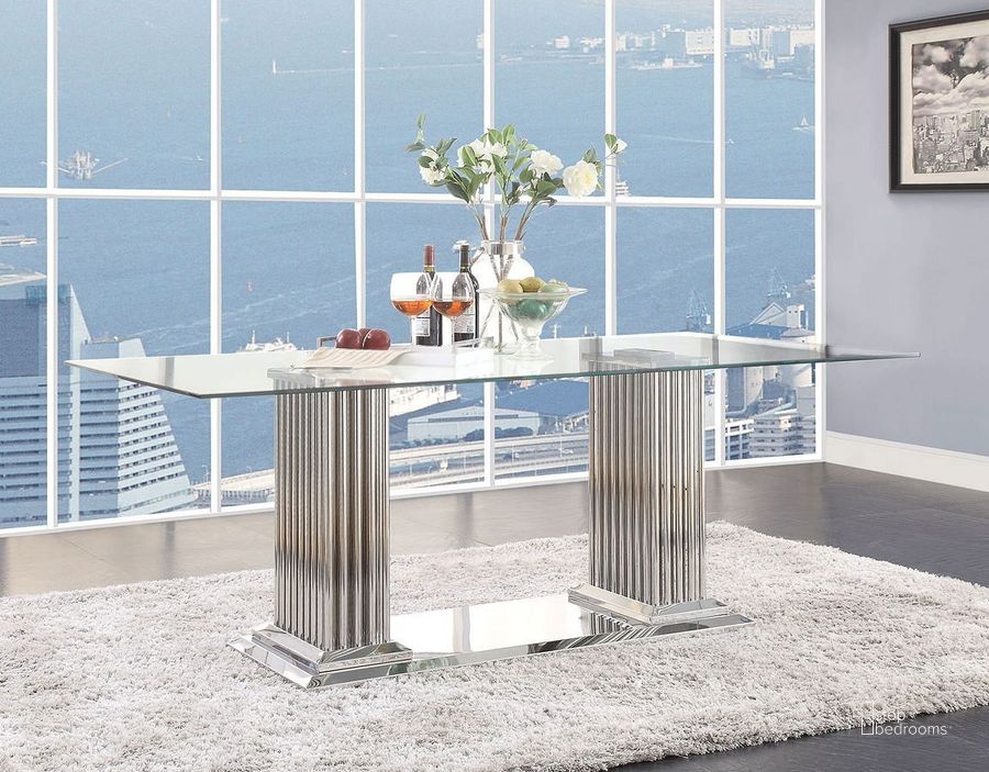 The appearance of Cyrene Dining Table designed by ACME in the glam interior design. This medium color piece of furniture  was selected by 1StopBedrooms from Cyrene Collection to add a touch of cosiness and style into your home. Sku: 62075T;62076ST;62077FRM. Product Type: Dining Table. Material: Metal/Glass.