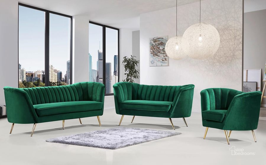 The appearance of Meridian Margo 2pc Velvet Living Room Set in Green designed by Meridian in the modern / contemporary interior design. This green piece of furniture  was selected by 1StopBedrooms from Margo Collection to add a touch of cosiness and style into your home. Sku: 622Green-S;622Green-L. Material: Fabric. Product Type: Living Room Set. Image1