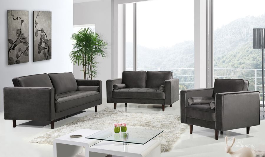The appearance of Meridian Emily Velvet 2-Piece Living Room Set in Grey designed by Meridian in the modern / contemporary interior design. This gray piece of furniture  was selected by 1StopBedrooms from Emily Collection to add a touch of cosiness and style into your home. Sku: 625Grey-S;625Grey-L. Material: Wood. Product Type: Living Room Set. Image1