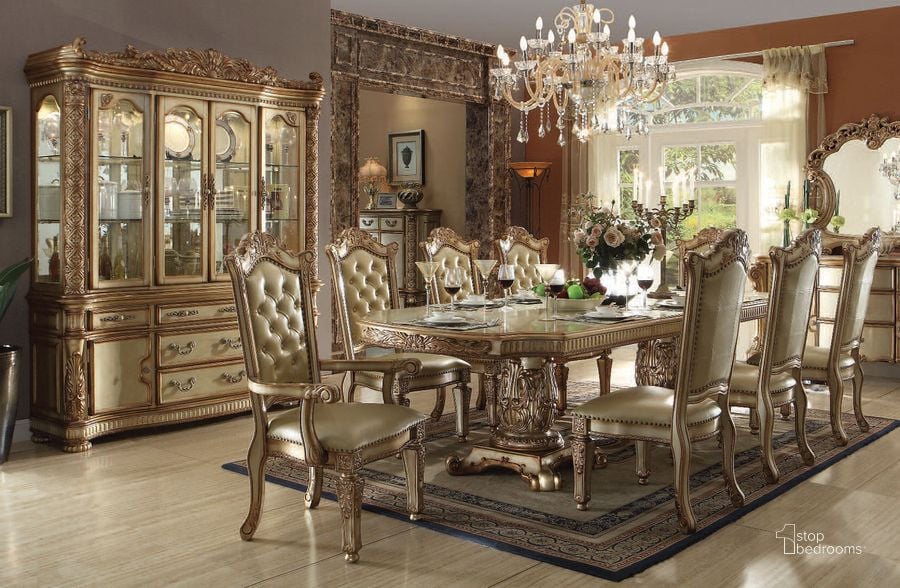 The appearance of Vendome Dining Room Set (Gold Patina) designed by ACME in the rustic / southwestern interior design. This gold patina piece of furniture  was selected by 1StopBedrooms from Vendome Collection to add a touch of cosiness and style into your home. Sku: 63000T;63001ST;63002PED;63003. Table Base Style: Double Pedestal. Material: Wood. Product Type: Formal Dining Set. Table Top Shape: Rectangular. Table Top Style: Double Pedestal. Image1