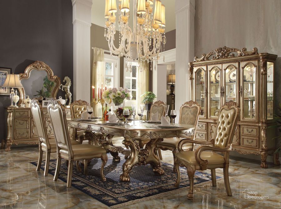 The appearance of Dresden Gold Patina Double Pedestal Dining Room Set designed by ACME in the transitional interior design. This gold piece of furniture  was selected by 1StopBedrooms from Dresden Collection to add a touch of cosiness and style into your home. Sku: 63150T;63151ST;63153. Material: Wood. Product Type: Dining Room Set. Table Top Shape: Rectangular. Image1