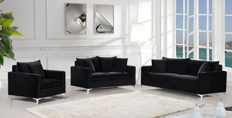 The appearance of Meridian Naomi 2pc Velvet Living Room Set in Black designed by Meridian in the modern / contemporary interior design. This black piece of furniture  was selected by 1StopBedrooms from Naomi Collection to add a touch of cosiness and style into your home. Sku: 633Black-S;633Black-L. Material: Fabric. Product Type: Living Room Set. Image1