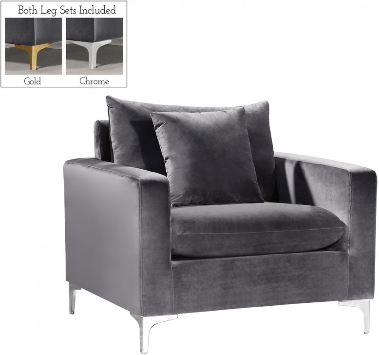 The appearance of Meridian Naomi Velvet Chair in Grey designed by Meridian in the modern / contemporary interior design. This grey velvet piece of furniture  was selected by 1StopBedrooms from Naomi Collection to add a touch of cosiness and style into your home. Sku: 633Grey-C. Material: Fabric. Product Type: Living Room Chair. Image1