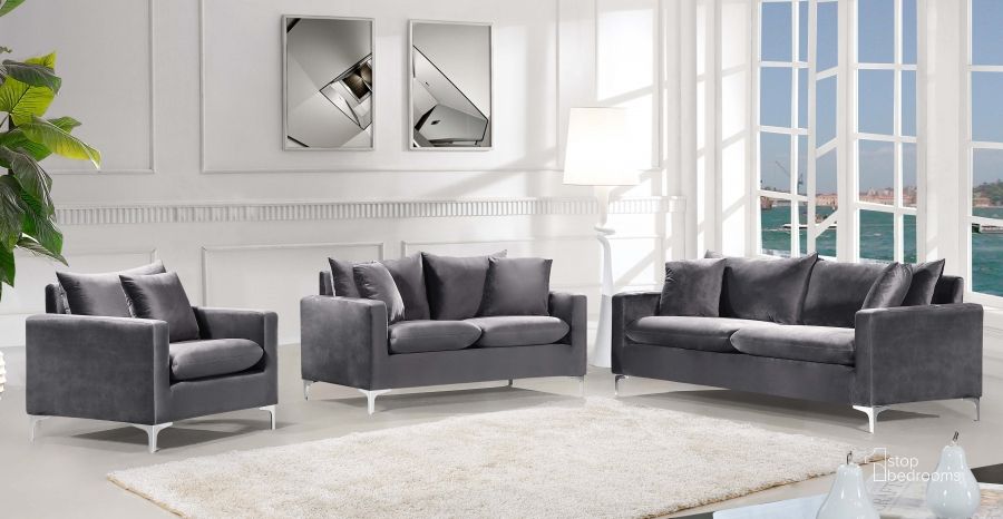 The appearance of Meridian Naomi 2pc Velvet Living Room Set in Grey designed by Meridian in the modern / contemporary interior design. This gray piece of furniture  was selected by 1StopBedrooms from Naomi Collection to add a touch of cosiness and style into your home. Sku: 633Grey-S;633Grey-L. Material: Fabric. Product Type: Living Room Set. Image1