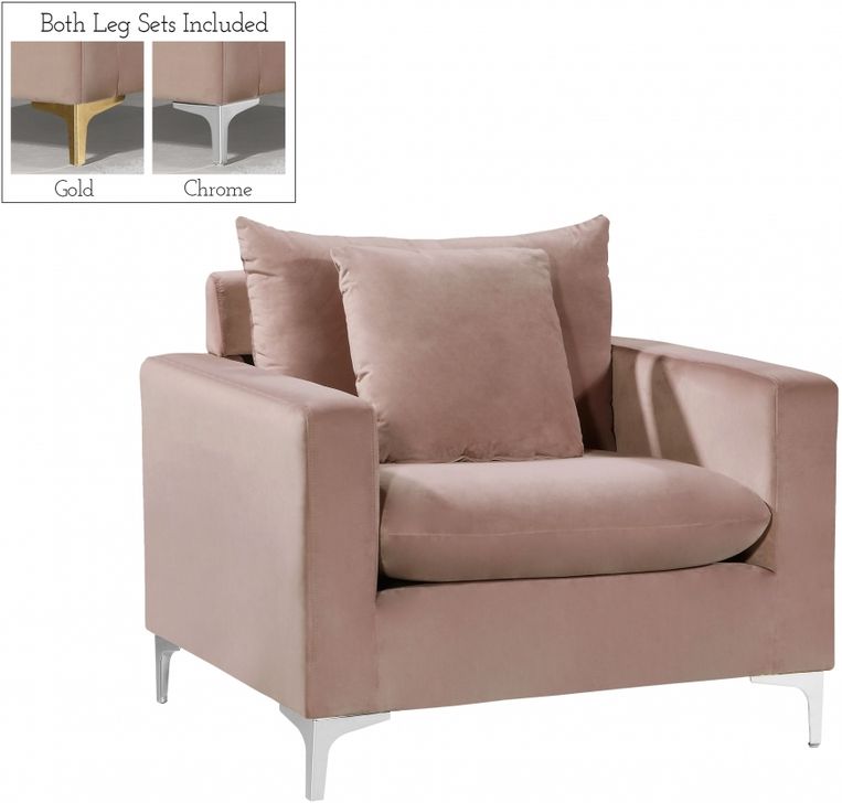 The appearance of Meridian Naomi Velvet Chair in Pink designed by Meridian in the modern / contemporary interior design. This pink velvet piece of furniture  was selected by 1StopBedrooms from Naomi Collection to add a touch of cosiness and style into your home. Sku: 633Pink-C. Material: Fabric. Product Type: Living Room Chair. Image1