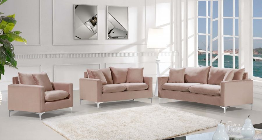 The appearance of Meridian Naomi 2pc Velvet Living Room Set in Pink designed by Meridian in the modern / contemporary interior design. This pink piece of furniture  was selected by 1StopBedrooms from Naomi Collection to add a touch of cosiness and style into your home. Sku: 633Pink-S;633Pink-L. Material: Fabric. Product Type: Living Room Set. Image1