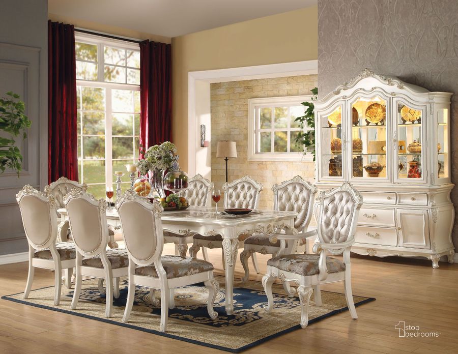 The appearance of Chantelle Marble and Pearl White Dining Room Set designed by ACME in the rustic / southwestern interior design. This white piece of furniture  was selected by 1StopBedrooms from Chantelle Collection to add a touch of cosiness and style into your home. Sku: 63540;63542. Product Type: Dining Room Set. Material: Stone. Table Top Shape: Rectangular. Image1
