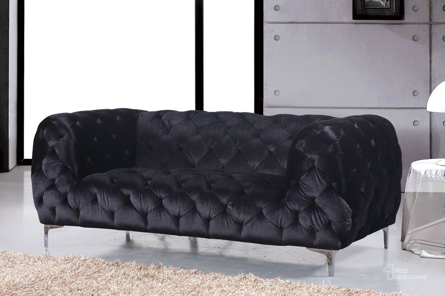 The appearance of Meridian Mercer Velvet Loveseat in Black 646BL-L designed by Meridian in the modern / contemporary interior design. This black velvet piece of furniture  was selected by 1StopBedrooms from Mercer Collection to add a touch of cosiness and style into your home. Sku: 646BL-L. Material: Fabric. Product Type: Loveseat. Image1