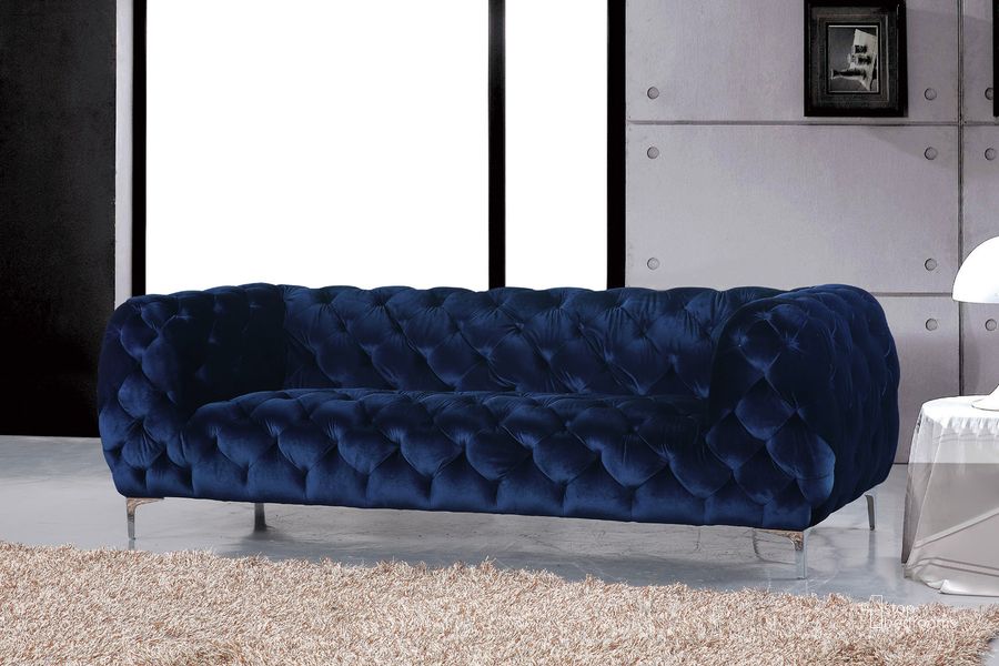 The appearance of Meridian Mercer Velvet Sofa in Navy designed by Meridian in the modern / contemporary interior design. This navy velvet piece of furniture  was selected by 1StopBedrooms from Mercer Collection to add a touch of cosiness and style into your home. Sku: 646Navy-S. Material: Fabric. Product Type: Sofa. Image1
