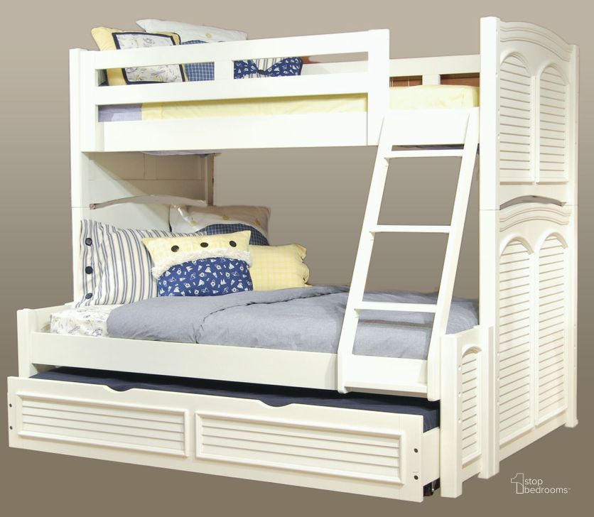 The appearance of Cottage Traditions White Twin Over Full Bunk Bed designed by American Woodcrafters in the country / farmhouse interior design. This white piece of furniture  was selected by 1StopBedrooms from Cottage Collection to add a touch of cosiness and style into your home. Sku: 6510-903;6510-904;6510-977;6510-996;6510-168;6510-906. Bed Type: Bunk Bed. Material: Wood. Product Type: Bunk Bed. Bed Size: Twin Over Full.