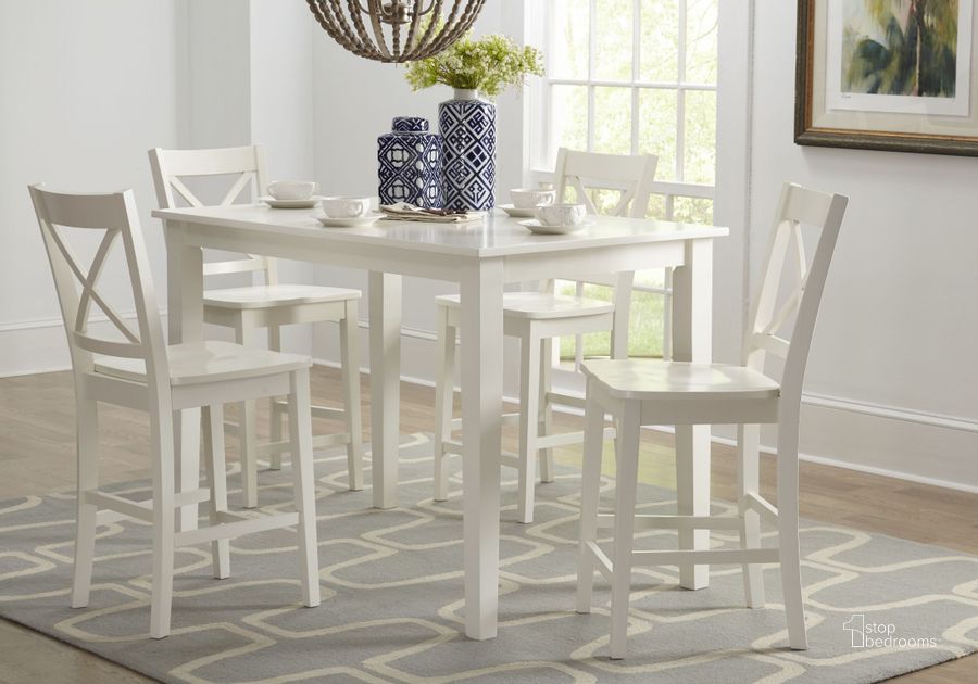 The appearance of Simplicity Paperwhite Counter Height Dining Room Set designed by Jofran in the transitional interior design. This white piece of furniture  was selected by 1StopBedrooms from Simplicity Collection to add a touch of cosiness and style into your home. Sku: 652-54;652-BS806KD. Table Top Shape: Square. Material: Wood. Product Type: Dining Room Set. Image1