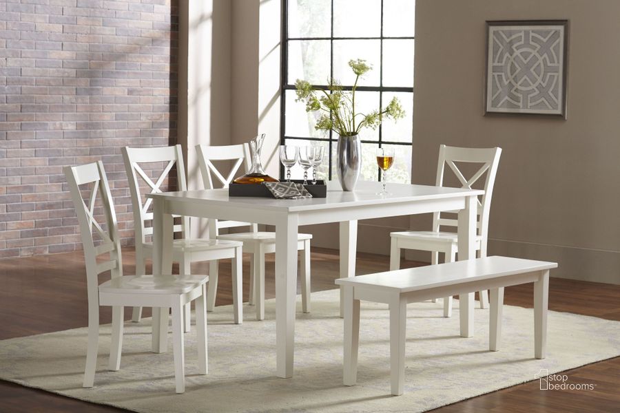 The appearance of Simplicity Paperwhite Rectangle Dining Room Set designed by Jofran in the transitional interior design. This white piece of furniture  was selected by 1StopBedrooms from Simplicity Collection to add a touch of cosiness and style into your home. Sku: 652-60;652-806KD. Table Base Style: Legs. Material: Wood. Product Type: Dining Room Set. Table Top Shape: Rectangular. Image1
