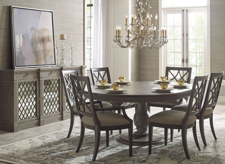 The appearance of Savona Versaille and Elm Octavia Round Extendable Dining Room Set designed by American Drew in the transitional interior design. This brown piece of furniture  was selected by 1StopBedrooms from Savona Collection to add a touch of cosiness and style into your home. Sku: 654-701R;654-636. Table Base Style: Pedestal. Table Top Shape: Round. Material: Wood. Product Type: Dining Room Set. Image1