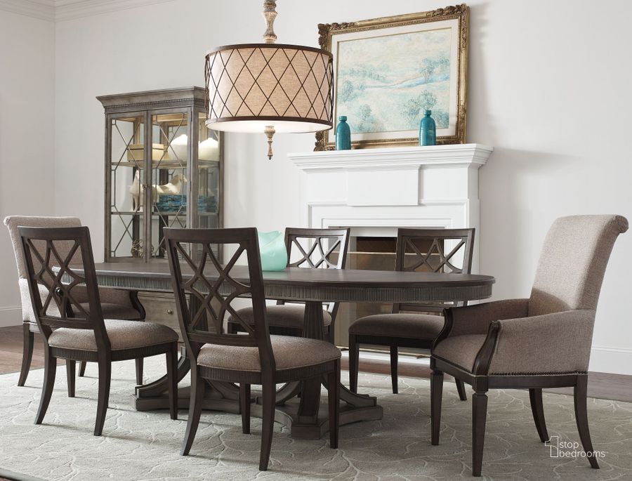 The appearance of Savona Versaille and Elm Friedrick Oval Extendable Dining Room Set designed by American Drew in the transitional interior design. This brown piece of furniture  was selected by 1StopBedrooms from Savona Collection to add a touch of cosiness and style into your home. Sku: 654-744R;654-636. Table Base Style: Double Pedestal. Table Top Shape: Oval. Material: Wood. Product Type: Dining Room Set. Image1