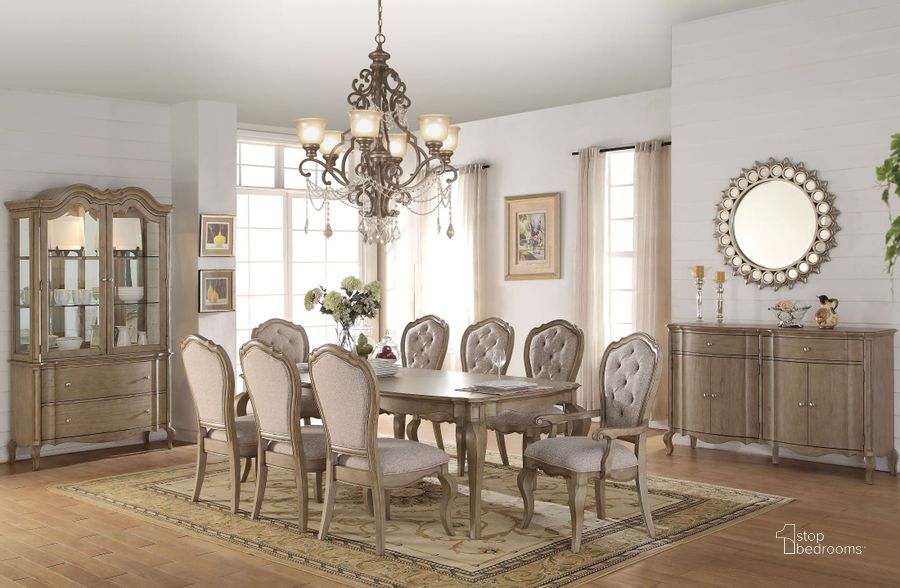 The appearance of Chelmsford Antique Taupe Dining Room Set designed by ACME in the transitional interior design. This gray piece of furniture  was selected by 1StopBedrooms from Chelmsford Collection to add a touch of cosiness and style into your home. Sku: 66050;66052. Table Base Style: Legs. Material: Wood. Product Type: Dining Room Set. Table Top Shape: Rectangular. Image1