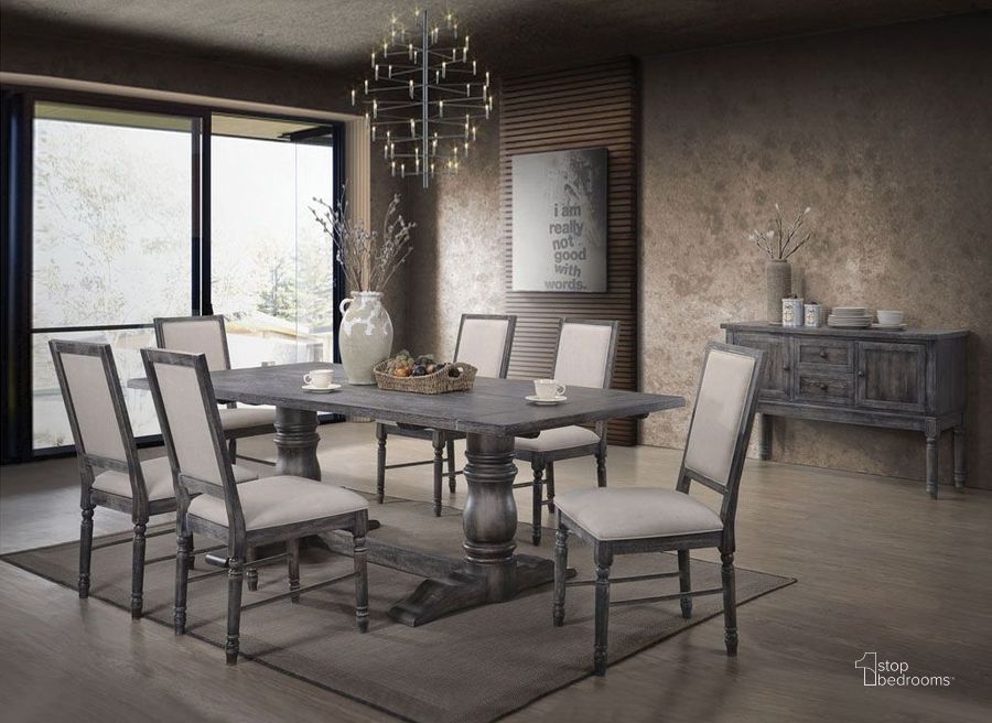 The appearance of Leventis Weathered Gray Dining Room Set designed by ACME in the transitional interior design. This gray piece of furniture  was selected by 1StopBedrooms from Leventis Collection to add a touch of cosiness and style into your home. Sku: 66180T;66181ST;66182. Table Base Style: Trestle. Material: Wood. Product Type: Dining Room Set. Table Top Shape: Rectangular. Image1