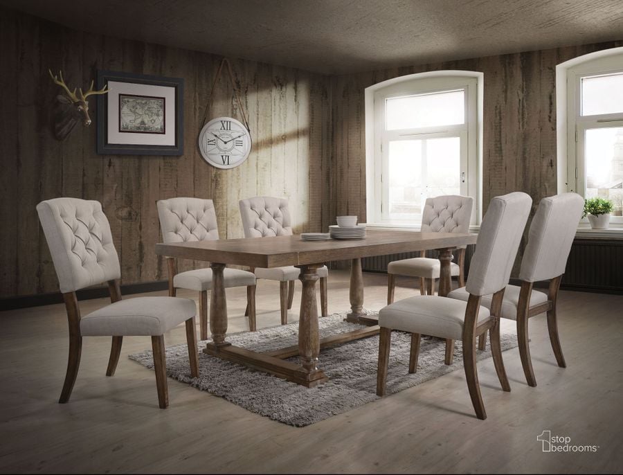 The appearance of Bernard Weathered Oak Dining Room Set designed by ACME in the transitional interior design. This brown piece of furniture  was selected by 1StopBedrooms from Bernard Collection to add a touch of cosiness and style into your home. Sku: 66185;66187. Table Base Style: Trestle. Material: Wood. Product Type: Dining Room Set. Table Top Shape: Rectangular. Image1