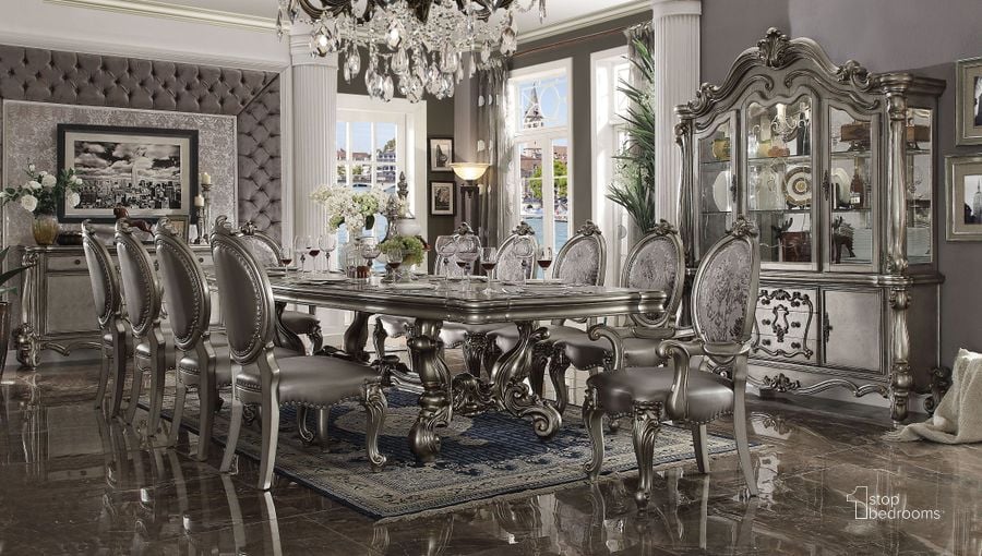 The appearance of Versailles Antique Platinum Extendable Dining Room Set designed by ACME in the rustic / southwestern interior design. This silver piece of furniture  was selected by 1StopBedrooms from Versailles Collection to add a touch of cosiness and style into your home. Sku: 66830T;66831ST;66822. Table Base Style: Trestle. Material: Wood. Product Type: Dining Room Set. Table Top Shape: Rectangular. Image1