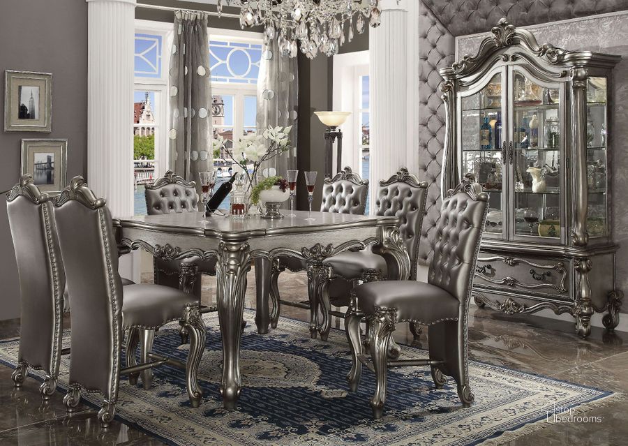 The appearance of Versailles Antique Platinum Counter Height Dining Room Set designed by ACME in the rustic / southwestern interior design. This silver piece of furniture  was selected by 1StopBedrooms from Versailles Collection to add a touch of cosiness and style into your home. Sku: 66835;66837. Material: Wood. Product Type: Dining Room Set. Table Top Shape: Rectangular. Image1