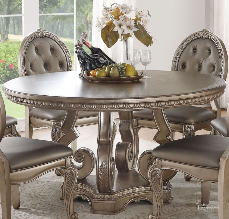 The appearance of Northville Antique Silver Round Single Pedestal Dining Table designed by ACME in the transitional interior design. This antique silver piece of furniture  was selected by 1StopBedrooms from Northville Collection to add a touch of cosiness and style into your home. Sku: 66915. Table Top Shape: Round. Material: Wood. Product Type: Pedestal Table. Image1