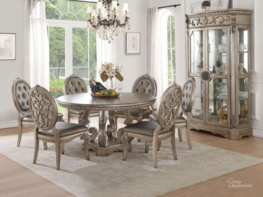 The appearance of Northville Antique Silver Round Single Pedestal Dining Room Set designed by ACME in the transitional interior design. This antique silver piece of furniture  was selected by 1StopBedrooms from Northville Collection to add a touch of cosiness and style into your home. Sku: 66915;66922. Table Top Shape: Round. Material: Wood. Product Type: Dining Room Set. Image1