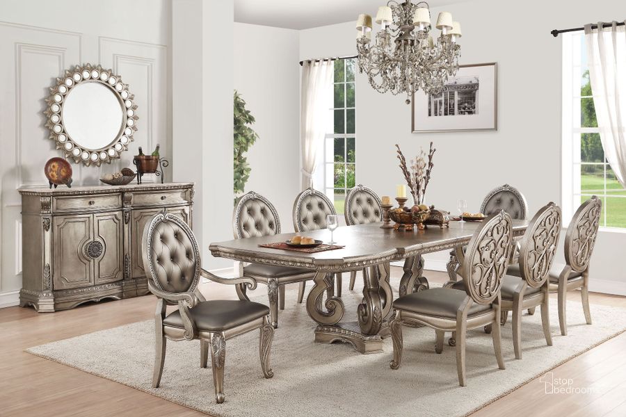 The appearance of Northville Antique Silver Double Pedestal Dining Room Set designed by ACME in the transitional interior design. This antique silver piece of furniture  was selected by 1StopBedrooms from Northville Collection to add a touch of cosiness and style into your home. Sku: 66920T;66921ST;66922. Material: Wood. Product Type: Dining Room Set. Table Top Shape: Rectangular. Image1