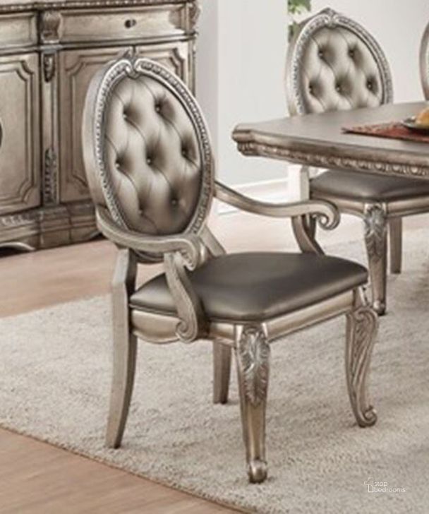 The appearance of Acme furniture northville arm chair in Antique Silver set of 2 designed by ACME in the transitional interior design. This antique silver piece of furniture  was selected by 1StopBedrooms from Northville Collection to add a touch of cosiness and style into your home. Sku: 66923. Material: Upholstered. Product Type: Arm Chair. Image1