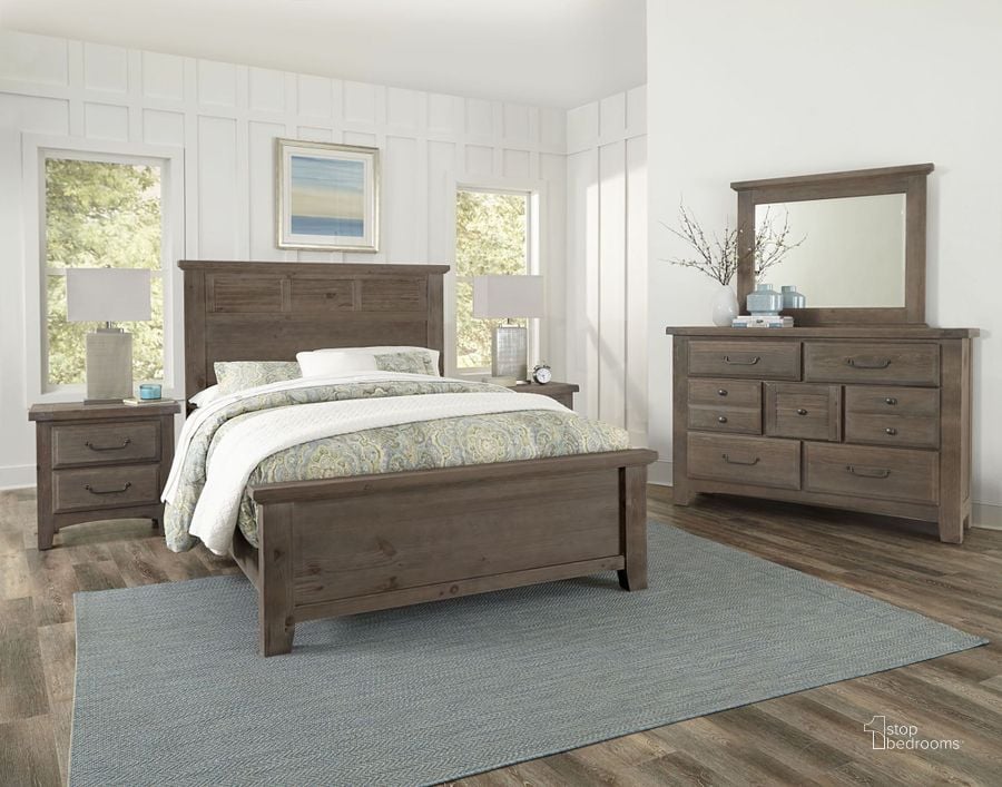 The appearance of Sawmill Saddle Grey Louver Bedroom Set designed by Vaughan Bassett in the transitional interior design. This brown piece of furniture  was selected by 1StopBedrooms from Sawmill Collection to add a touch of cosiness and style into your home. Sku: 692-559;692-955;692-922;692-226. Bed Type: Panel Bed. Product Type: Panel Bed. Bed Size: Queen. Image1