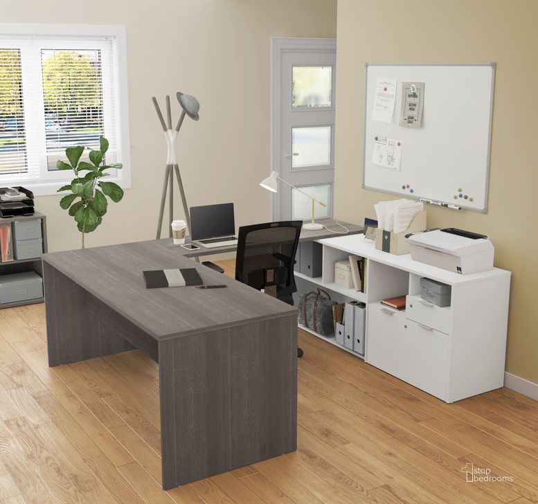 The appearance of I3 Plus U-Desk With Two Drawers In Bark Gray and White designed by Bestar in the modern / contemporary interior design. This bark gray and white piece of furniture  was selected by 1StopBedrooms from I3 Plus Collection to add a touch of cosiness and style into your home. Sku: 160860-4717. Material: Wood. Product Type: Office Desk. Image1