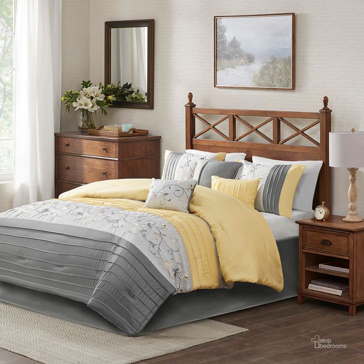 The appearance of 7 Piece Embroidered Queen Comforter Set In Yellow designed by Olliix in the transitional interior design. This yellow piece of furniture  was selected by 1StopBedrooms from Serene Collection to add a touch of cosiness and style into your home. Sku: MP10-4185. Material: Polyester. Bed Size: Queen. Product Type: Comforter Set. Image1