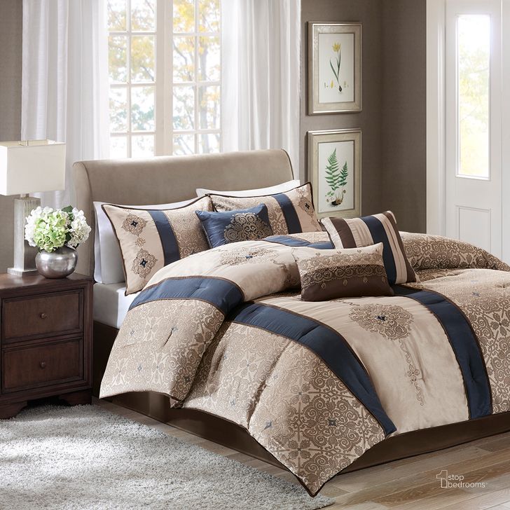 The appearance of 7 Piece Jacquard Queen Comforter Set In Navy designed by Olliix in the traditional interior design. This navy piece of furniture  was selected by 1StopBedrooms from Donovan Collection to add a touch of cosiness and style into your home. Sku: MP10-4344. Material: Polyester. Bed Size: Queen. Product Type: Comforter Set. Image1