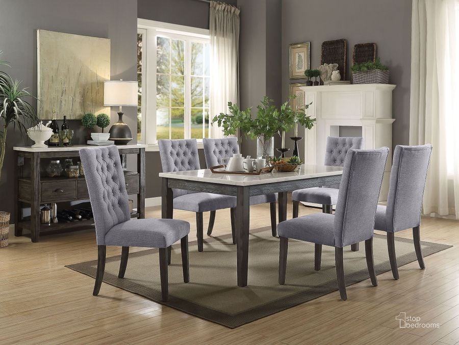The appearance of Merel White Marble and Gray Oak Dining Room Set designed by ACME in the transitional interior design. This gray piece of furniture  was selected by 1StopBedrooms from Merel Collection to add a touch of cosiness and style into your home. Sku: 70165;70168. Table Base Style: Legs. Material: Wood. Product Type: Dining Room Set. Table Top Shape: Rectangular. Image1