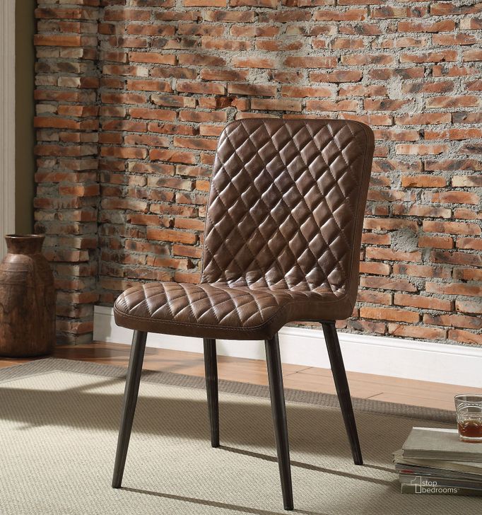 The appearance of Millerton Vintage Chocolate Leather Side Chair Set of 2 designed by ACME in the transitional interior design. This brown piece of furniture  was selected by 1StopBedrooms from Millerton Collection to add a touch of cosiness and style into your home. Sku: 70423. Material: Leather. Product Type: Side Chair.