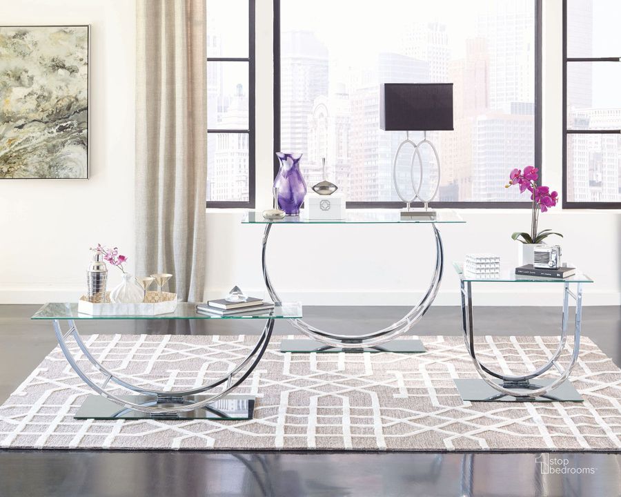The appearance of Chrome Glass Top Occasional Table Set designed by Coaster in the transitional interior design. This silver piece of furniture  was selected by 1StopBedrooms from Coffee Tables Collection to add a touch of cosiness and style into your home. Sku: 704988;704987. Material: Glass. Product Type: Occasional Table Set. Table Top Shape: Rectangular. Image1