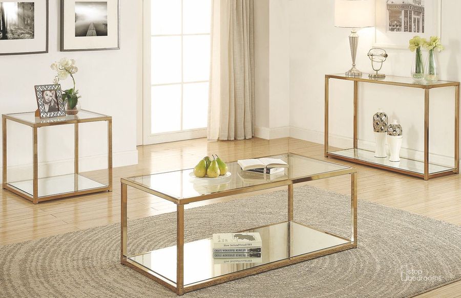 The appearance of Calantha Occasional Table Set designed by Coaster in the modern / contemporary interior design. This gold piece of furniture  was selected by 1StopBedrooms from Calantha Collection to add a touch of cosiness and style into your home. Sku: 705238;705237. Material: Glass. Product Type: Occasional Table Set. Table Top Shape: Rectangular. Image1