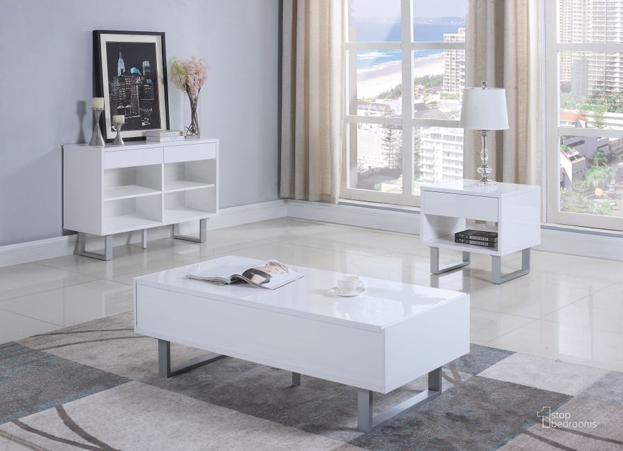 The appearance of Glossy White 2 Drawer Occasional Table Set designed by Coaster in the modern / contemporary interior design. This white piece of furniture  was selected by 1StopBedrooms from Glossy Collection to add a touch of cosiness and style into your home. Sku: 705698;705697. Material: Wood. Product Type: Occasional Table Set. Table Top Shape: Rectangular. Image1