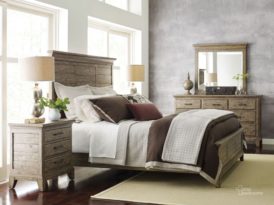 The appearance of Plank Road Stone Jessup Panel Bedroom Set designed by Kincaid in the modern / contemporary interior design. This brown piece of furniture  was selected by 1StopBedrooms from Plank Road Collection to add a touch of cosiness and style into your home. Sku: 706-304SP;706-420S. Bed Type: Panel Bed. Material: Wood. Product Type: Panel Bed. Bed Size: Queen. Image1